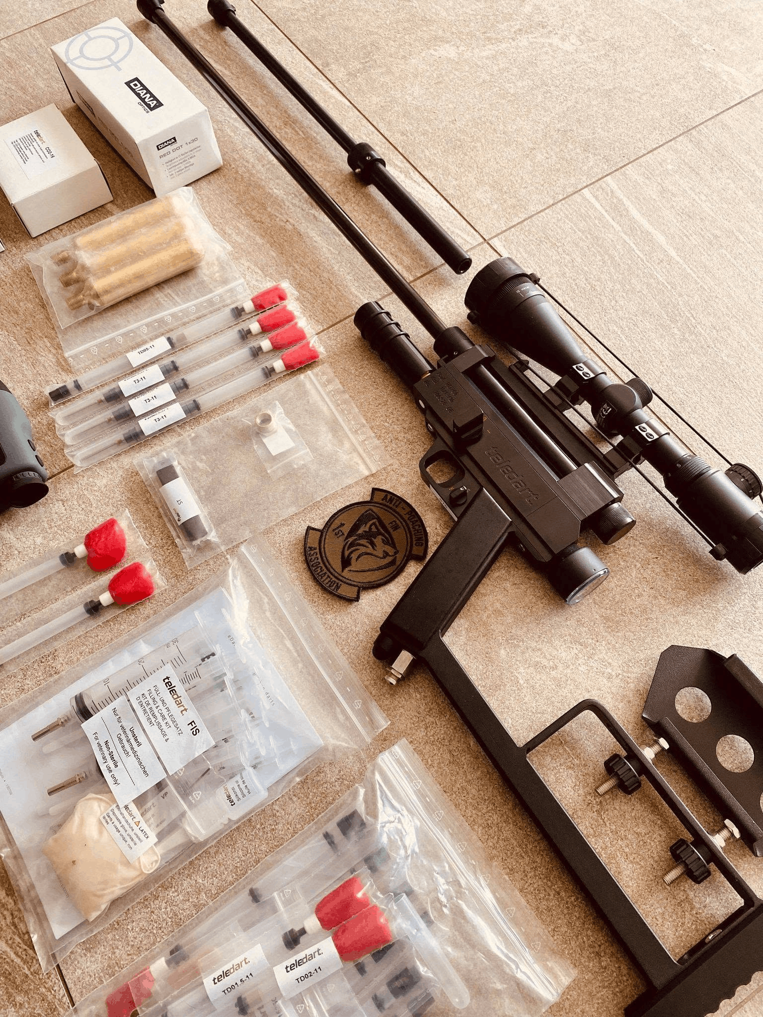 Equipment acquired for the Pyyntirauta project, including one of the two tranquiliser rifles funded through a public fundraising campaign. The purpose was to make it possible for injured bears to be tranquilised, examined and, whenever possible, treated instead of being killed automatically.